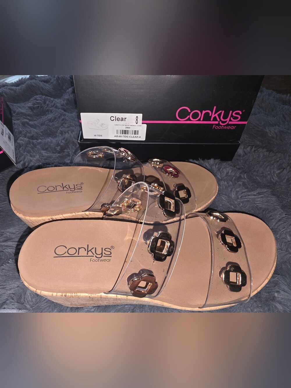 Corkys Hi TIDE Clear Wedge Sandals with Gold Accents Sz8